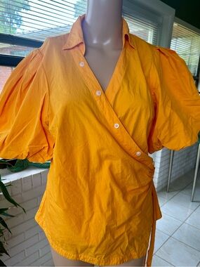 Anthropologie Orange Wrap Puff-Sleeve Blouse